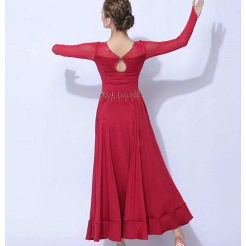 Women Black wine long sleeves short sleeves competition ballroom dance dresses stage performance professional waltz tango dance dresses